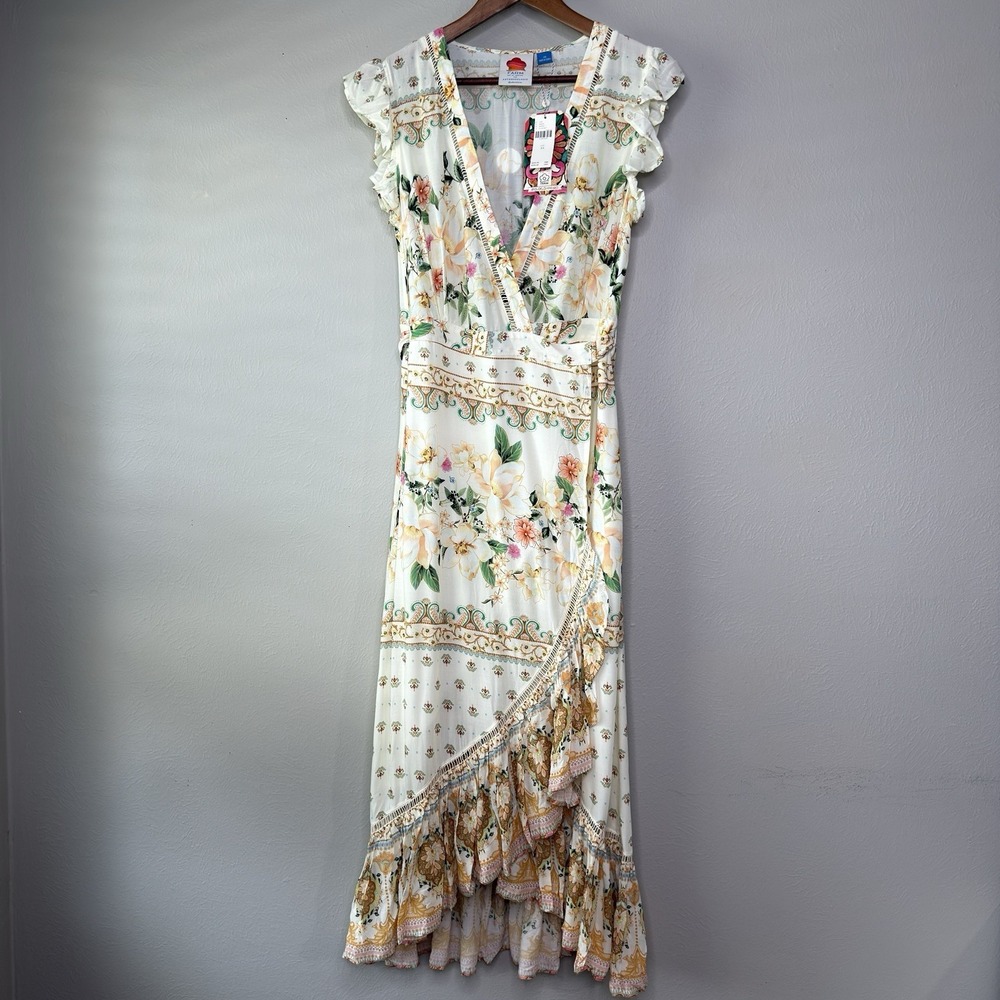 Farm Rio XS Floral Wrap Midi Dress Asymmetrical Ruffle Tropical Resort Coquette